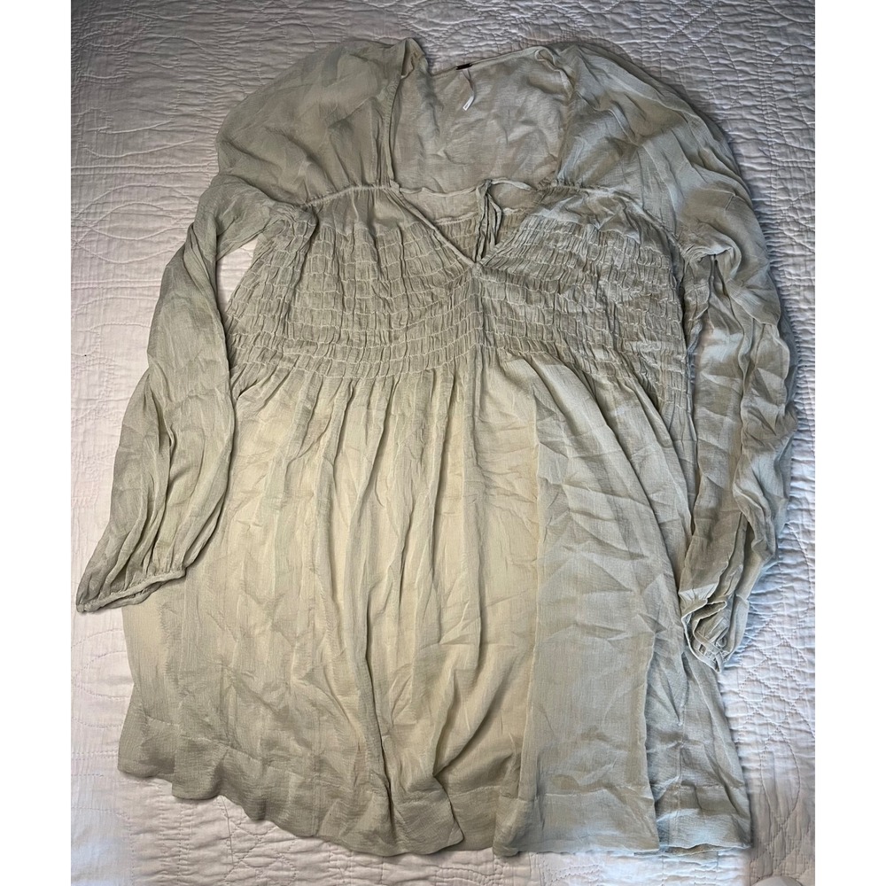 Free People Smocked Babydoll Tunic or dress Sage Green Gauze Long Sleeve Large